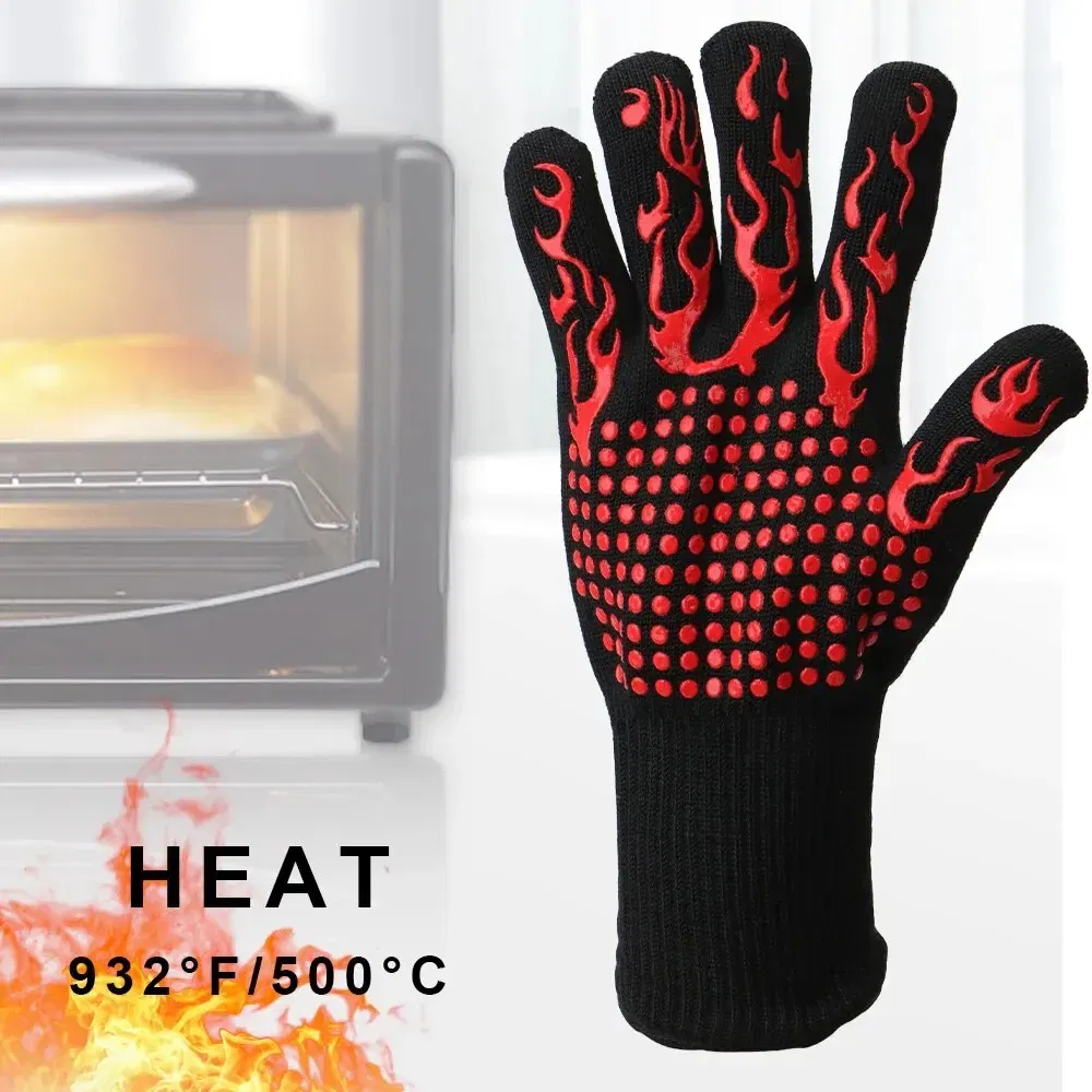 Color: Blue - 300-500 Centigrade BBQ Fire Gloves Flame Retardant Non-slip Fireproof Extreme Heat Resistant Microwave Oven Gloves Oven Mit
