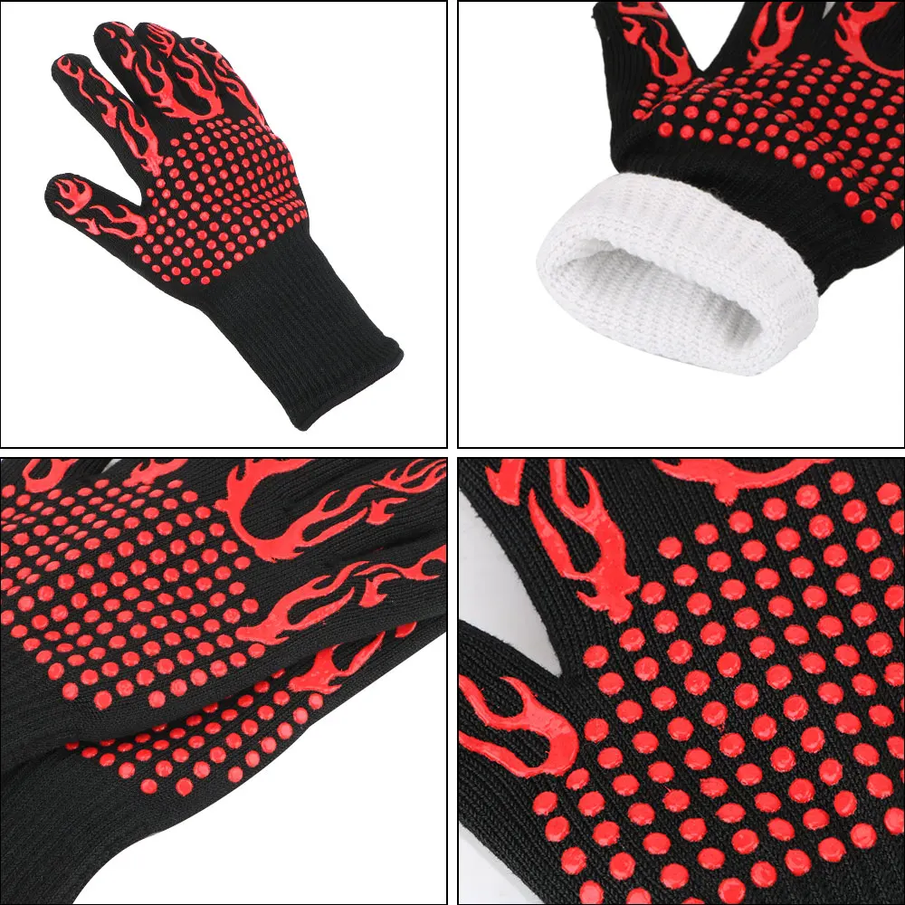 Color: Blue - 300-500 Centigrade BBQ Fire Gloves Flame Retardant Non-slip Fireproof Extreme Heat Resistant Microwave Oven Gloves Oven Mit