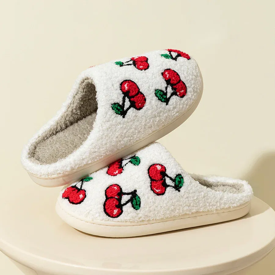 Color: Yellow, Shoe Size: 4.5 - Cute Little Cherry Slippers Women Fluffy Cherries Fur Plush House Shoes Female Bedroom Comfy Home Flat Slip-on Slides New