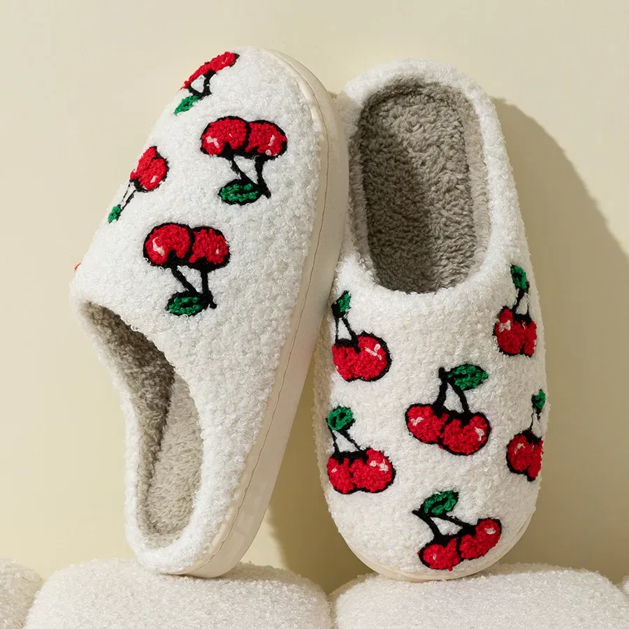 Color: Yellow, Shoe Size: 4.5 - Cute Little Cherry Slippers Women Fluffy Cherries Fur Plush House Shoes Female Bedroom Comfy Home Flat Slip-on Slides New