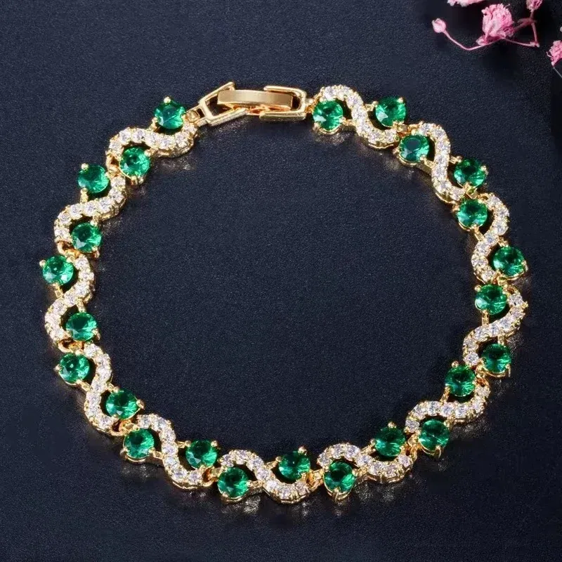 Metal Color: Light Yellow Color - Fashion Exquisite Color Crystal Inlaid Ladies Charm Bracelet Engagement Wedding Jewelry