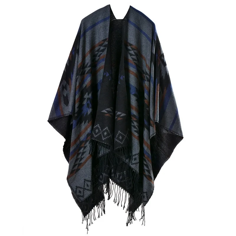 Color: black, Size: One Size, Ships From: CHINA - European American Popular Tassel Thickened Cashmere Like National Style Travel Fork Shawl Scarf in autumn Ponchos Capes
