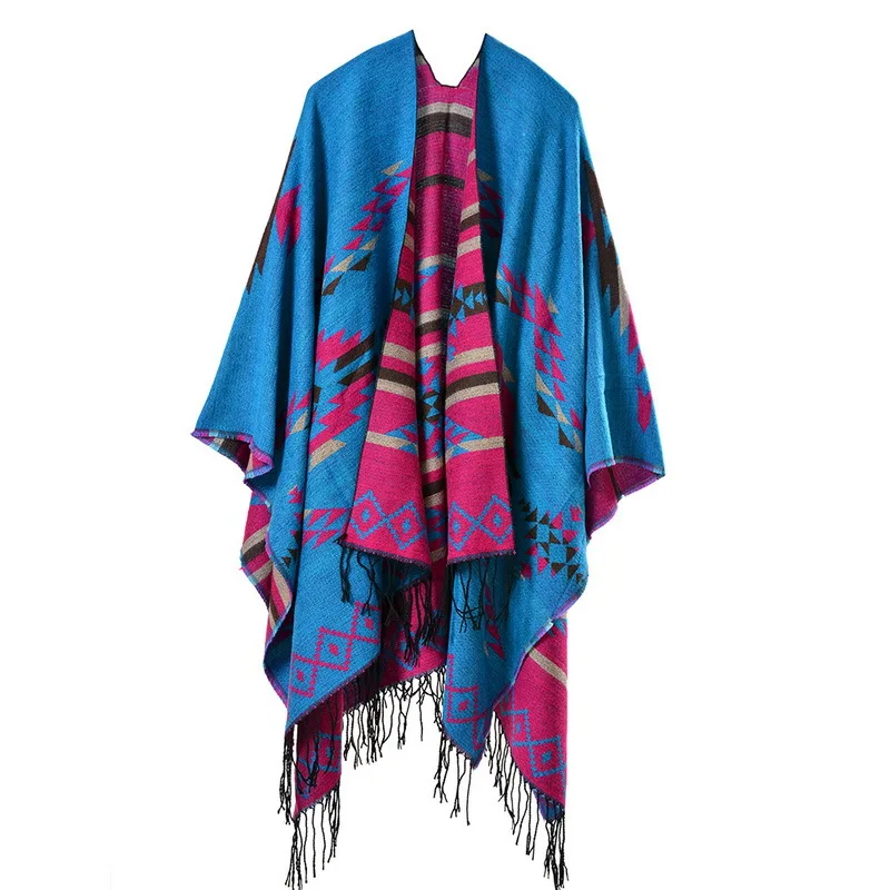 Color: black, Size: One Size, Ships From: CHINA - European American Popular Tassel Thickened Cashmere Like National Style Travel Fork Shawl Scarf in autumn Ponchos Capes