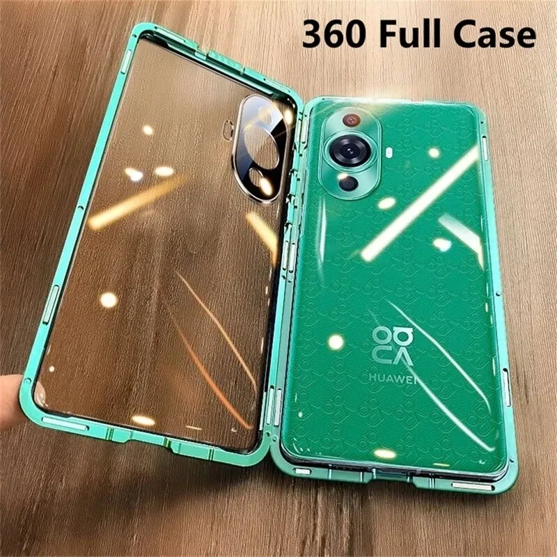 Color: Blue, Material: ABS - 360 Full Case For Huawei Nova 12S Case Double Sided Magnetic Adsorption Metal Capa Tempering Glass Clear Phone Cover For Nova12S