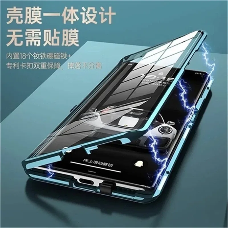 Color: Blue, Material: ABS - 360 Full Case For Huawei Nova 12S Case Double Sided Magnetic Adsorption Metal Capa Tempering Glass Clear Phone Cover For Nova12S