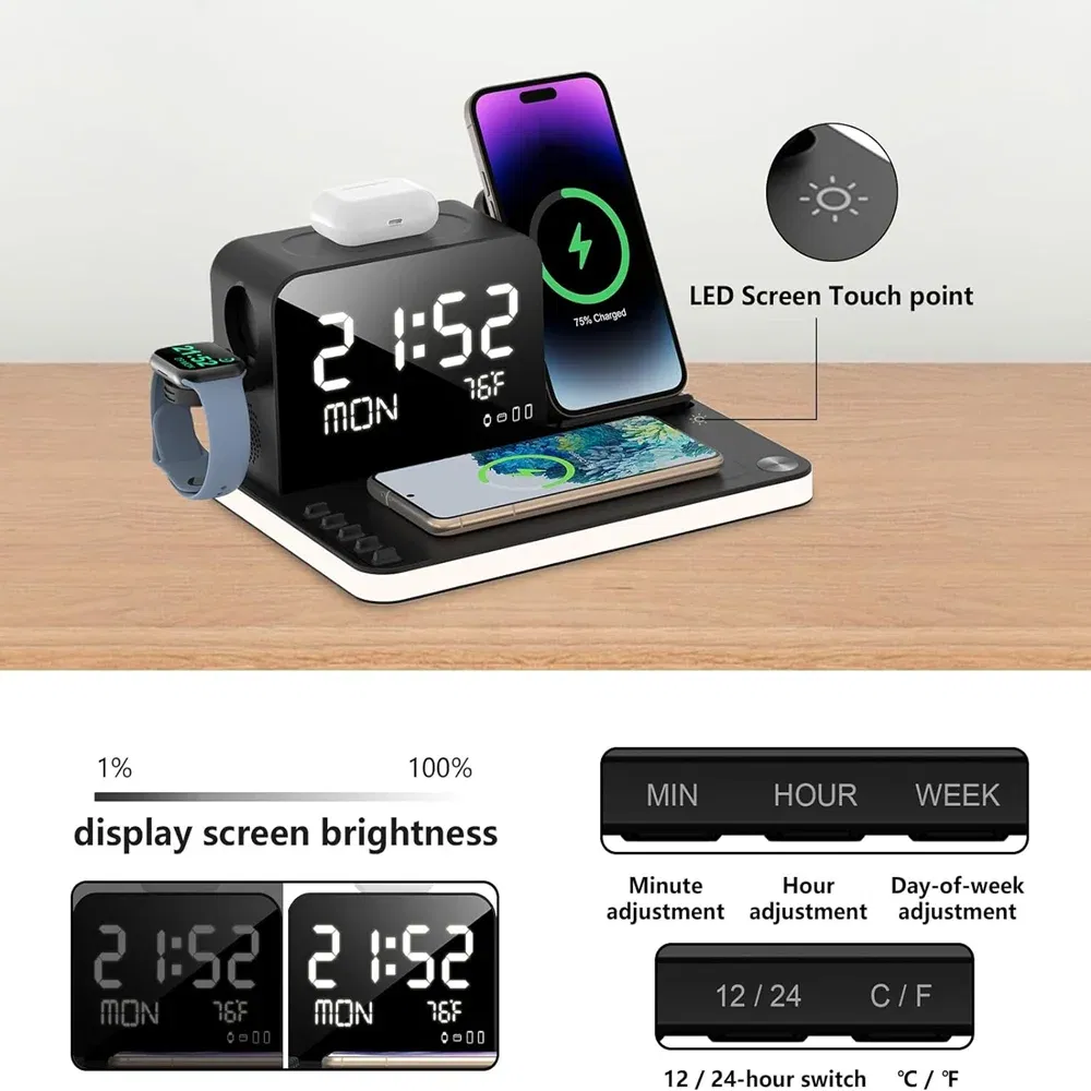 Color: green, Ships From: CHINA - Top BezosMax 7 in 1 Wireless Charging Station with Dual iPhone Fast Charger Support Bluetooth/TimeSync 30W Fast Adapter for