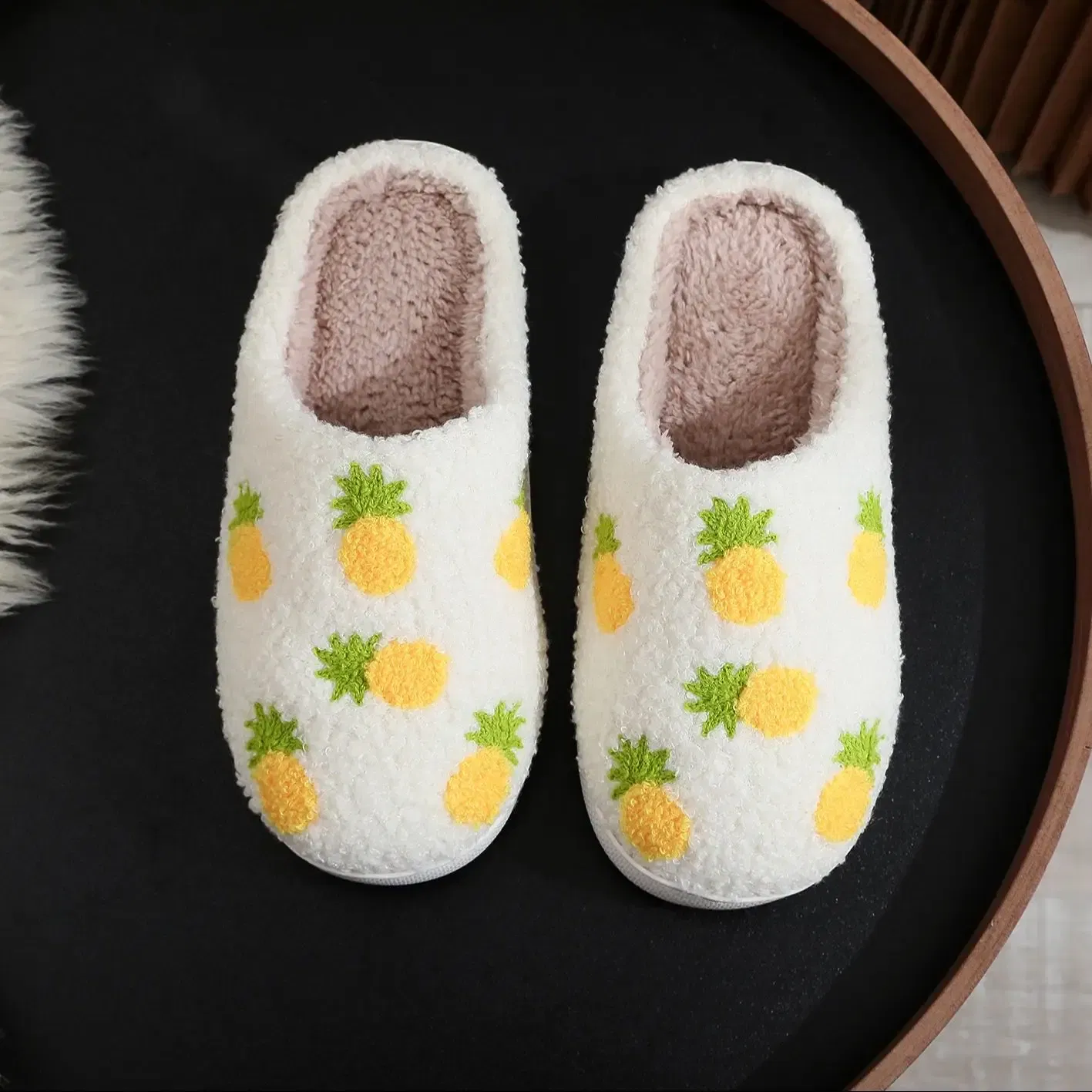 Color: WHITE, Shoe Size: 44 - Winter home household seven pineapple cotton slippers non-slip thickeneding small fresh cotton slippers