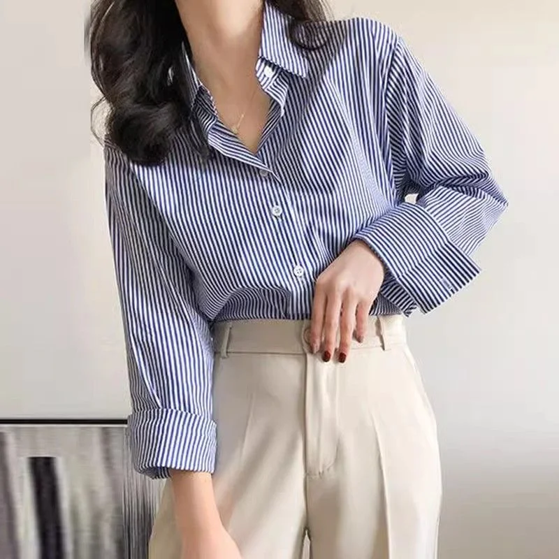 Color: Blue, Size: XL - Classic Striped Woman Spring Autumn Blouses Shirt Lady Long Lantern Sleeve Stand Collar Loose Blusas Tops