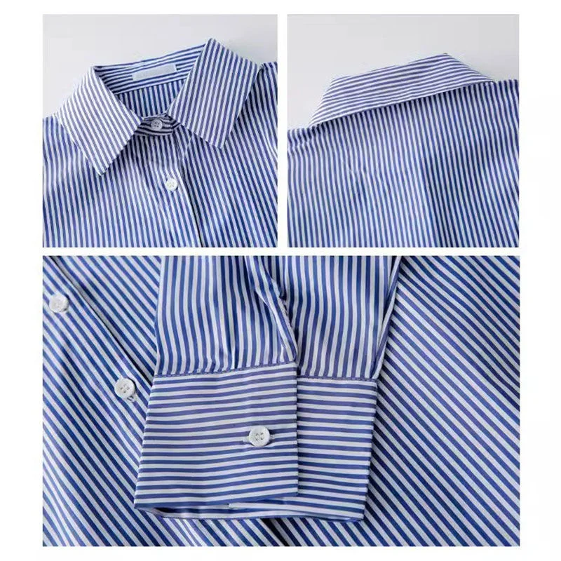 Color: Blue, Size: XL - Classic Striped Woman Spring Autumn Blouses Shirt Lady Long Lantern Sleeve Stand Collar Loose Blusas Tops