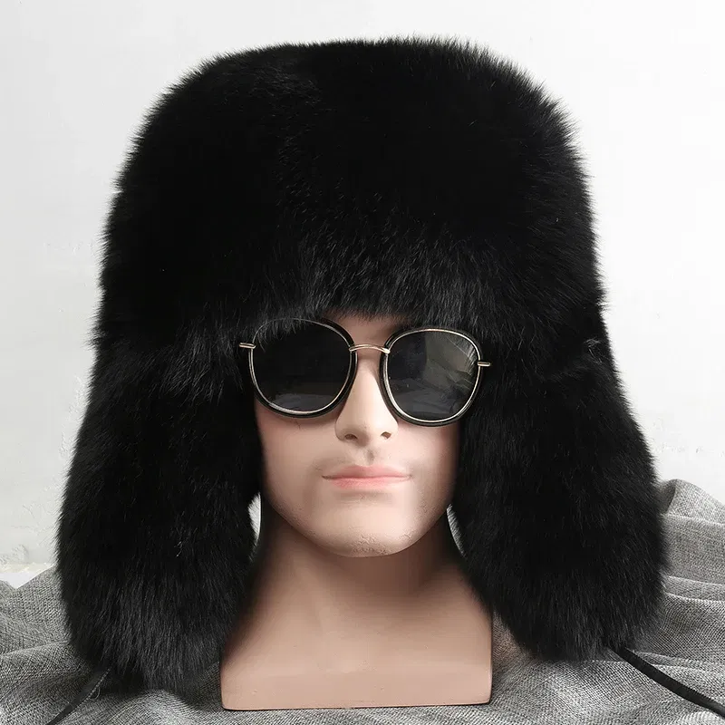 Color: Blue, Hat Size: 54 - 2025 Winter 100% Real Silver Fox Fur Bomber Hat Raccoon Fur Ushanka Cap Trapper Russian Men's Ski Hats Caps