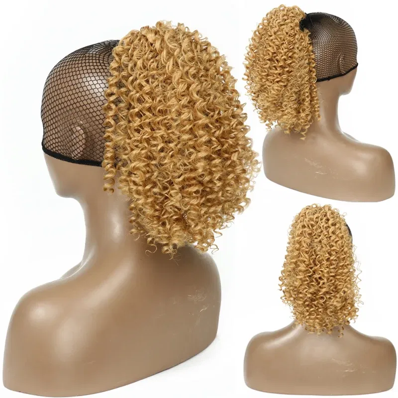 Color: 1B/27HL - Synthetic Drawstring Curly Ponytail Extension for African Women Short Afro Kinky Ponytail Extension