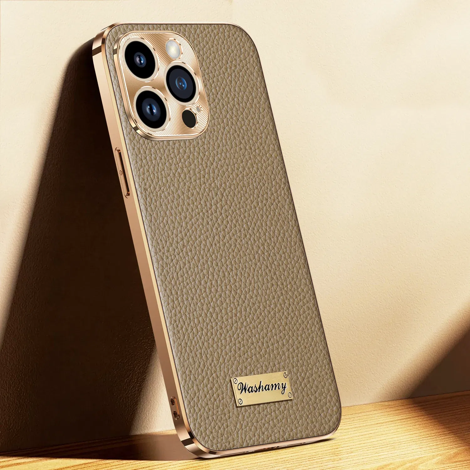 Color: Beige, Compatible-Phone Models: For iPhone 16 Pro Max - Luxury Genuine Leather Phone Case For iPhone 15 14 13 Pro Max Plating Soft Silicone Frame Shockproof Cover For iPhone 16 Pro Max