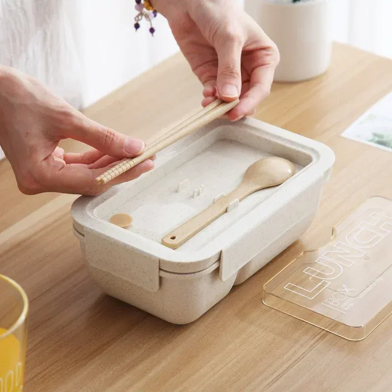 Color: Red - 850/1100ML wheat straw lunch box bento box Microwave oven Students with lid canteen simple lunch box rectangular portable