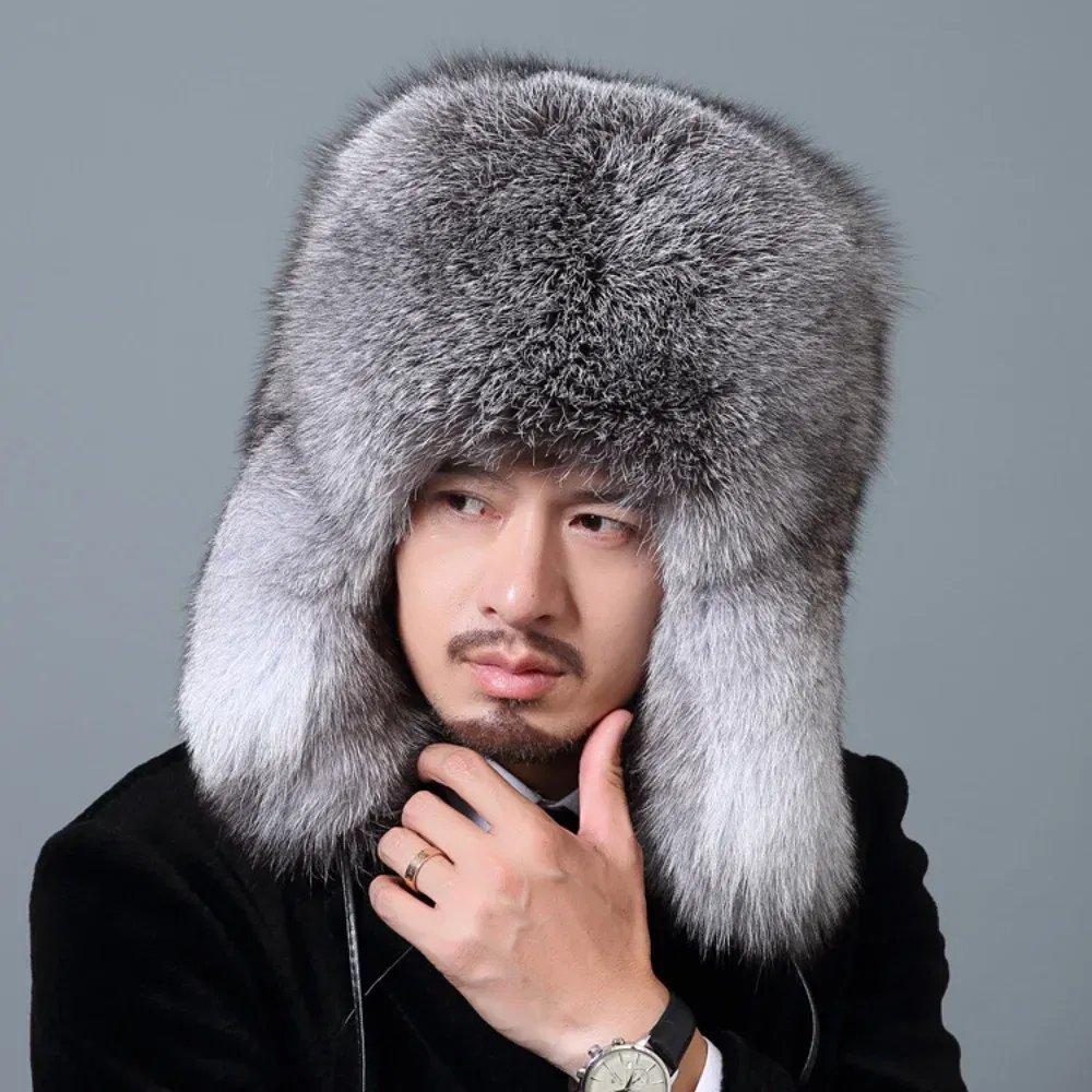 Color: SKY BLUE, Hat Size: 58/59, Ships From: CHINA - Men Real Fur Beanies Hat Mongolian Hat Unique Process Fox Tail Design Luxury Winter Warm Hats For Fashion Men Bomber Hat