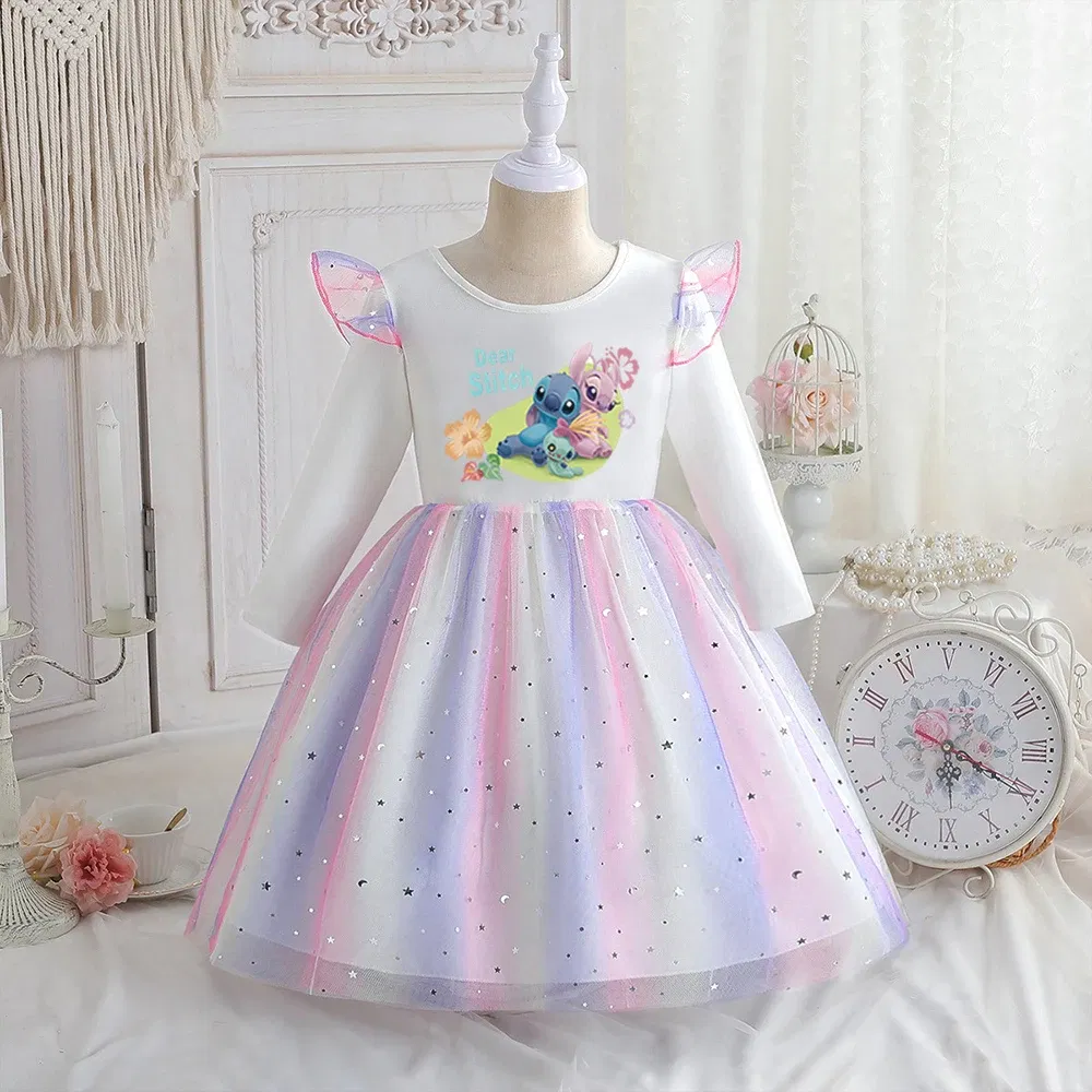 Color: Pink, Kid Size: 3T - Stitch Princess Dress Autumn New Disney Baby Girls Dress Spring Autumn Long-sleeved For Children Kids Clothes Birthday Party