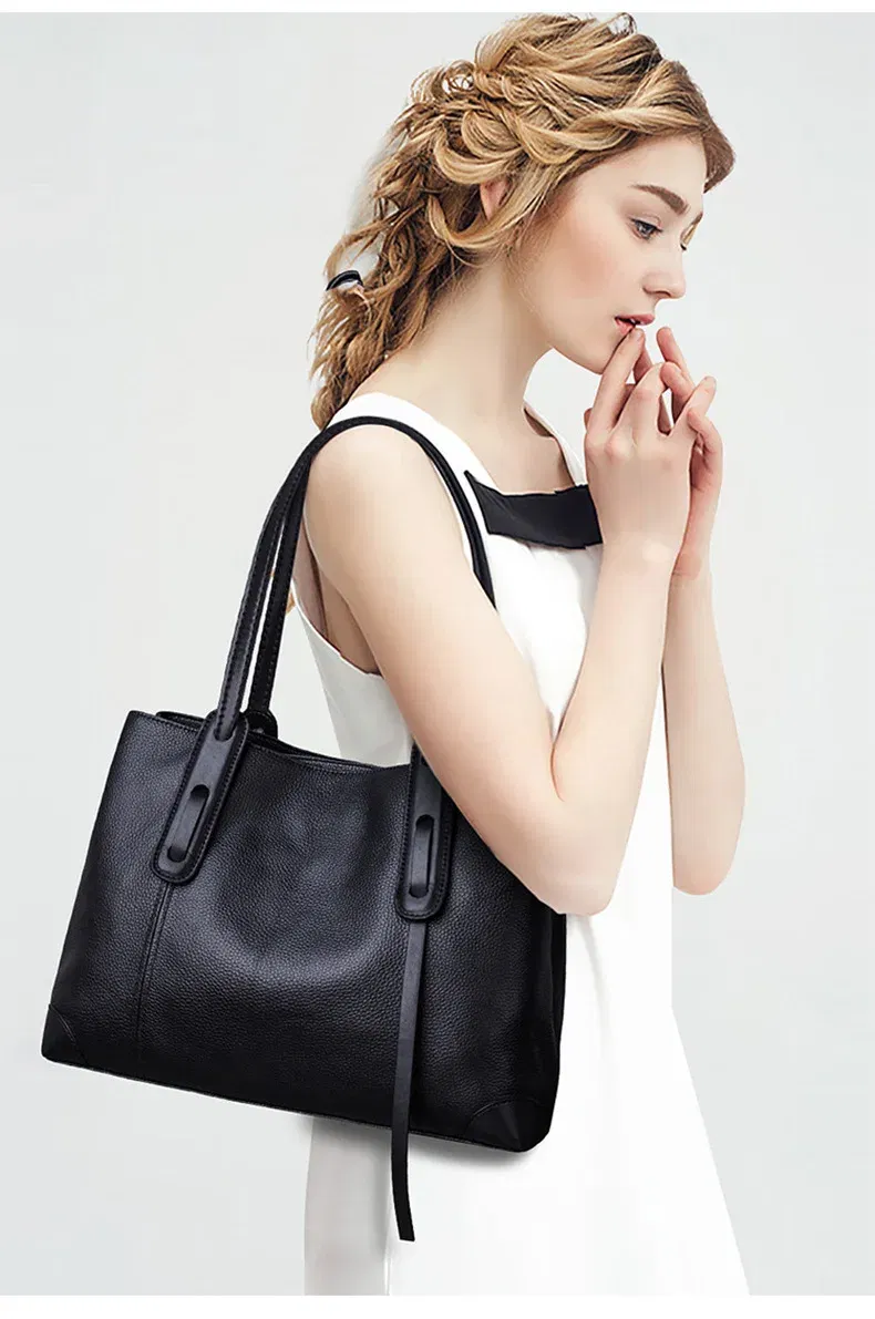 2024 Winter Spring Lichee Genuine Leather Women Shoulder Handbag Large Capacity Soft Cowhide Pacthwork Female Tote Bag