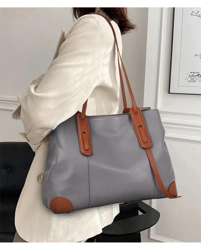 2024 Winter Spring Lichee Genuine Leather Women Shoulder Handbag Large Capacity Soft Cowhide Pacthwork Female Tote Bag