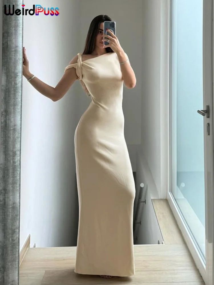 Color: Beige, Size: S - Weird Puss Bandage Dress Woman Summer Sexy Irregular Solid Sheath Chic Stretch Body-Shape Smooth Birthday Party Elegant Bodycon