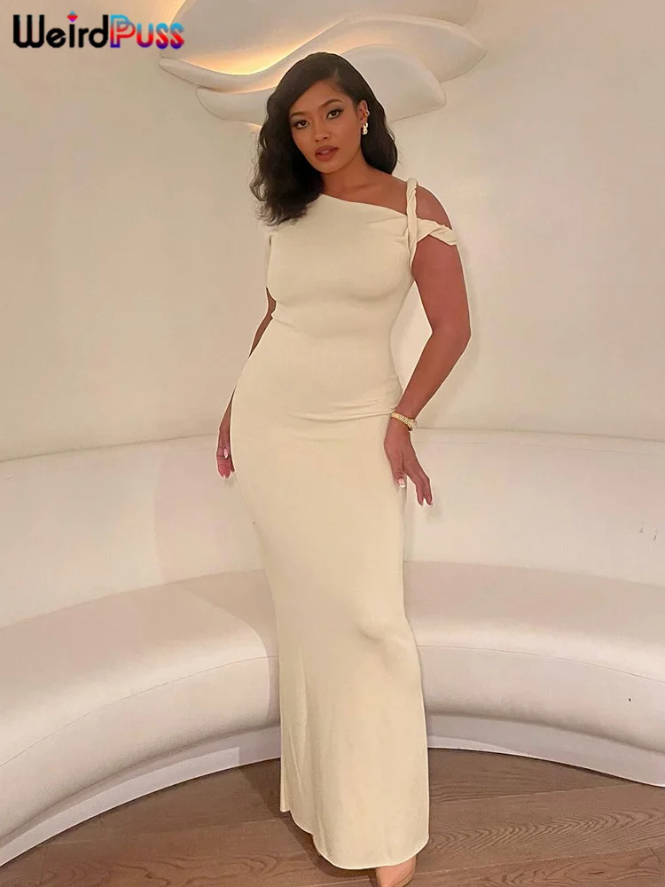 Color: Beige, Size: S - Weird Puss Bandage Dress Woman Summer Sexy Irregular Solid Sheath Chic Stretch Body-Shape Smooth Birthday Party Elegant Bodycon