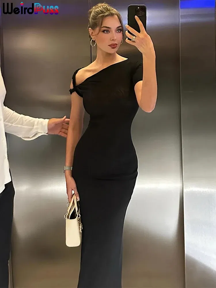 Color: Beige, Size: S - Weird Puss Bandage Dress Woman Summer Sexy Irregular Solid Sheath Chic Stretch Body-Shape Smooth Birthday Party Elegant Bodycon