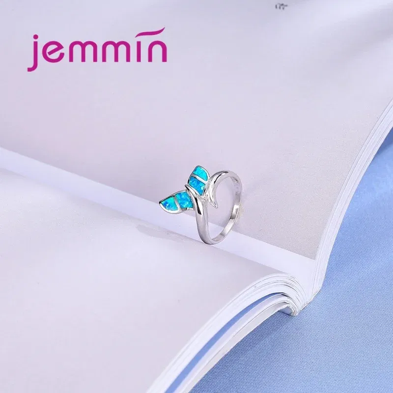 Ring Size: 9 - New Promotion Cute Whale Ring with Blue Fire Opal 925 Sterling Silver Rings for Women Wedding Popular Bague Bijoux