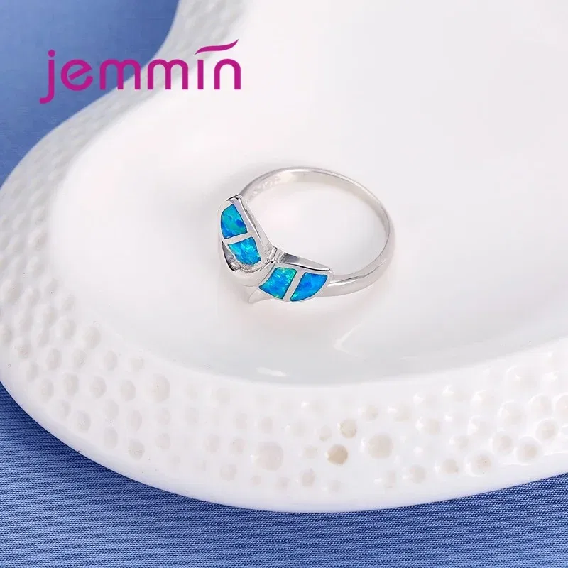 Ring Size: 9 - New Promotion Cute Whale Ring with Blue Fire Opal 925 Sterling Silver Rings for Women Wedding Popular Bague Bijoux