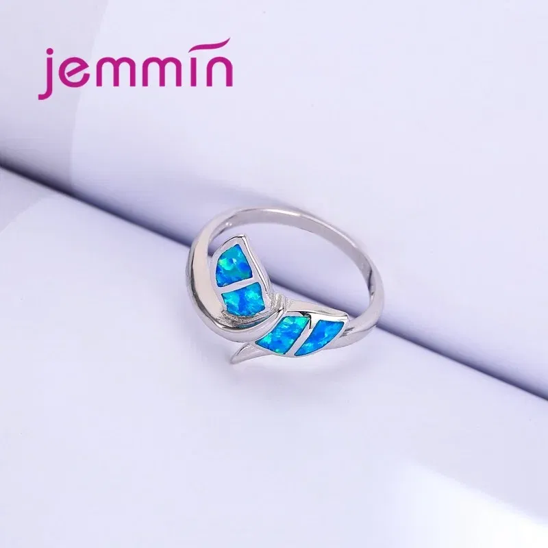 Ring Size: 9 - New Promotion Cute Whale Ring with Blue Fire Opal 925 Sterling Silver Rings for Women Wedding Popular Bague Bijoux