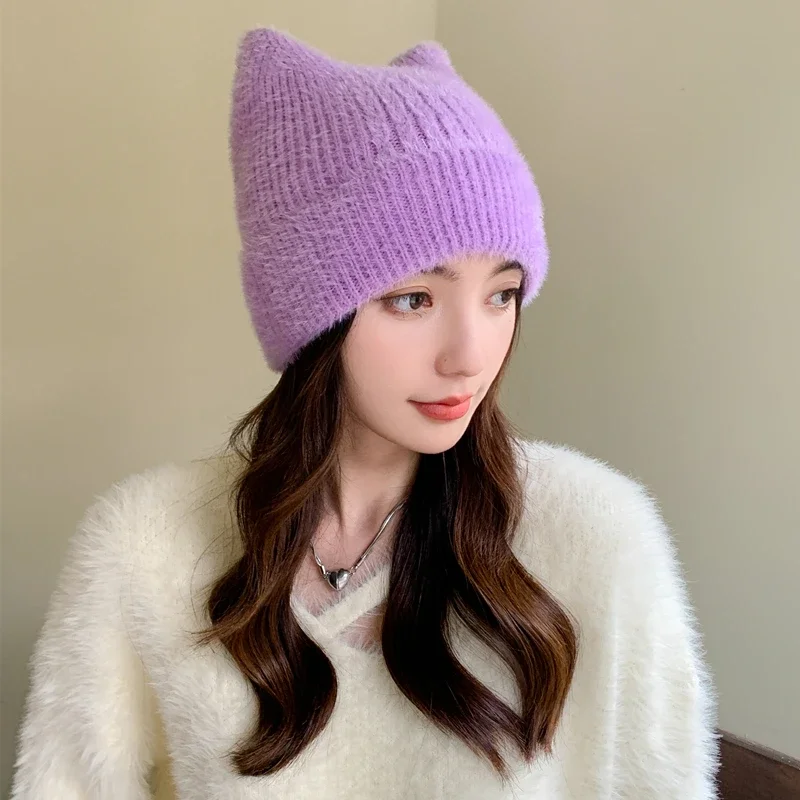 Color: Denmark Oak, Size: One Size - New Women Cute Cat Ear Earflap Winter Hat Fashion Faux Fur Knitted Hat Kpop Style Soft Beanie Hats Candy Female Streetwear Cap