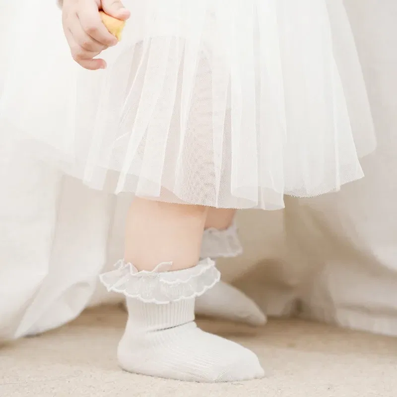 Color: WHITE, Kid Size: 3M - VISgogo Baby Girls Socks Lace Ruffles Sweet Anti-Skid Princess Socks Toddler Spring Fall Cute Kids Socks