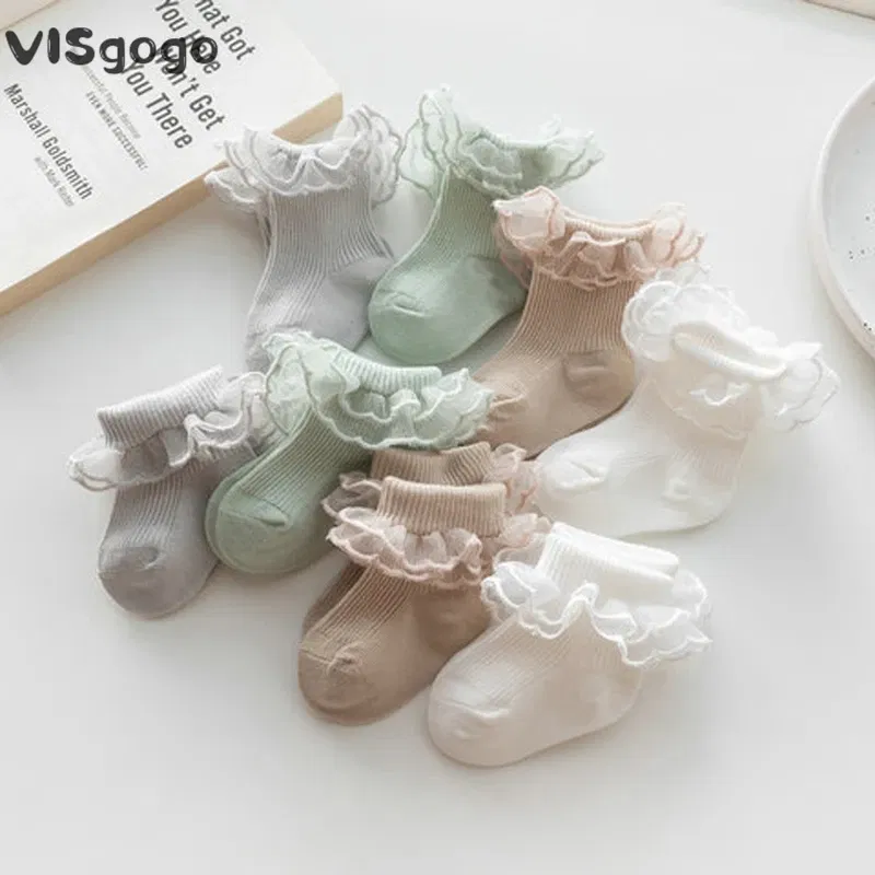 Color: WHITE, Kid Size: 3M - VISgogo Baby Girls Socks Lace Ruffles Sweet Anti-Skid Princess Socks Toddler Spring Fall Cute Kids Socks