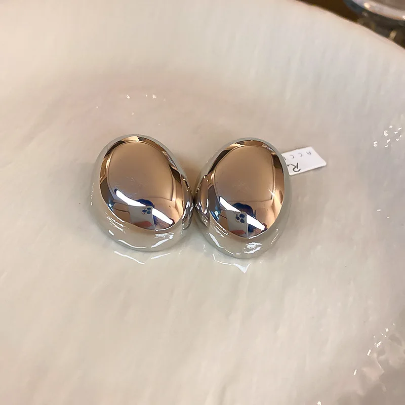 Metal Color: BROWN - Hollow Oval Bean Shape Stud Earrings for Women Golden Silver Color Smooth Metal Earrings Simple Geometry Party Trendy Jewelry