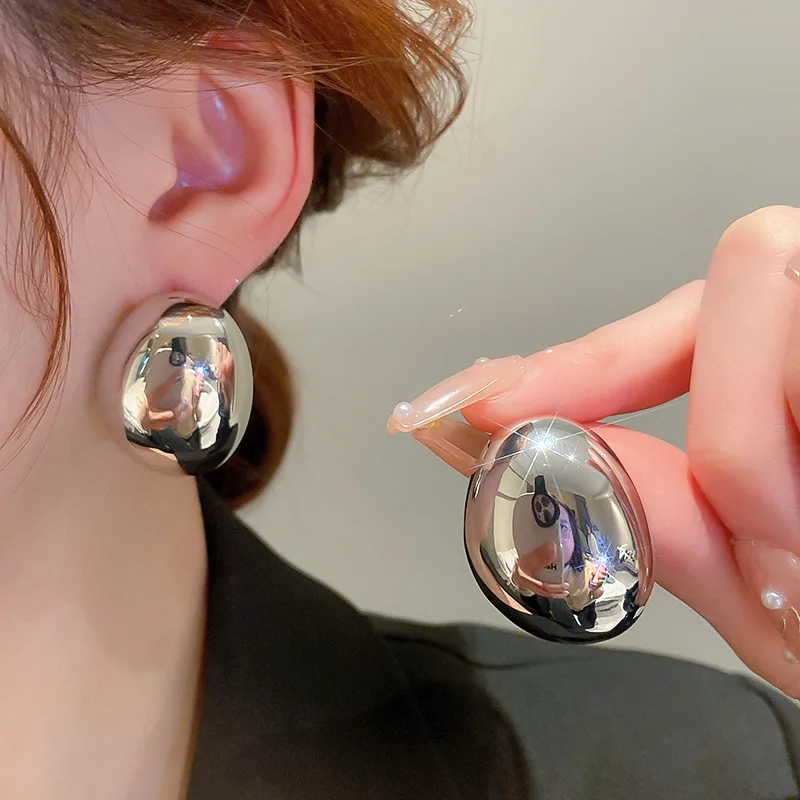 Metal Color: BROWN - Hollow Oval Bean Shape Stud Earrings for Women Golden Silver Color Smooth Metal Earrings Simple Geometry Party Trendy Jewelry