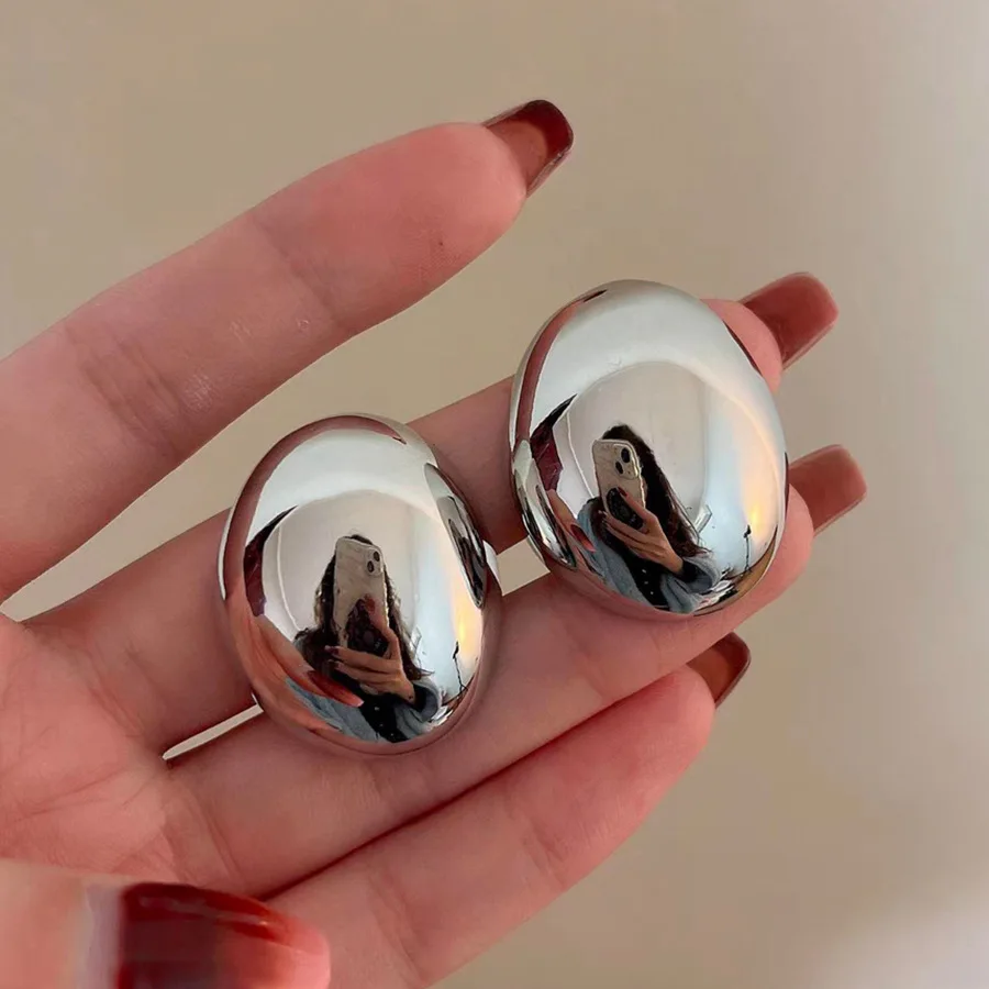 Metal Color: BROWN - Hollow Oval Bean Shape Stud Earrings for Women Golden Silver Color Smooth Metal Earrings Simple Geometry Party Trendy Jewelry