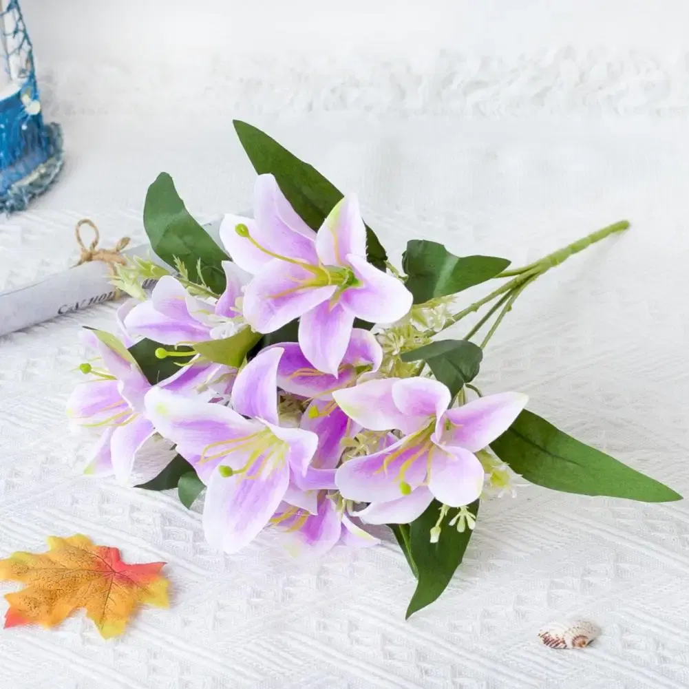 Color: PURPLE - 1Pc Artificial Lilies Flower No Withering Non-fading Single Branch Multi-fork Artistic Modern Style Fake Flower for Wedding