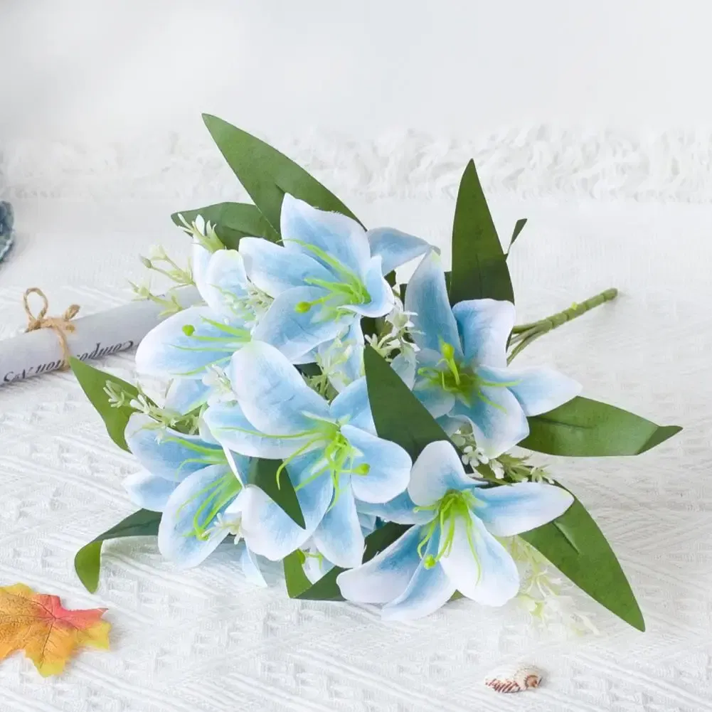 Color: PURPLE - 1Pc Artificial Lilies Flower No Withering Non-fading Single Branch Multi-fork Artistic Modern Style Fake Flower for Wedding