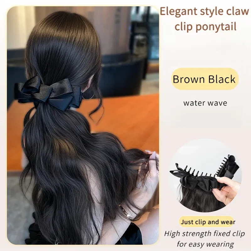 Color: T1B/613, Stretched Length: 18inches - Elegant Synthetic Silk Bowknot Banana Claw Clip Ponytail Wig With Grab Clip Long Wavy Layered Ponytail for Women Daily Use