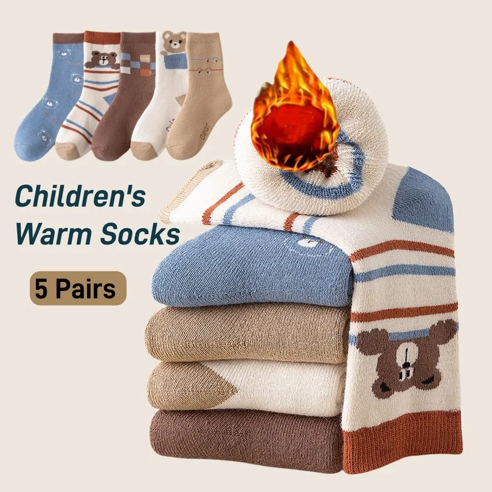 Color: Blue, Size: 4-6T - 1-14T Children Winter Warm Socks Kids Boys Thicken Cotton Socks Thermal Winter Socks Baby Cartoon Bear Pattern Terry Sock