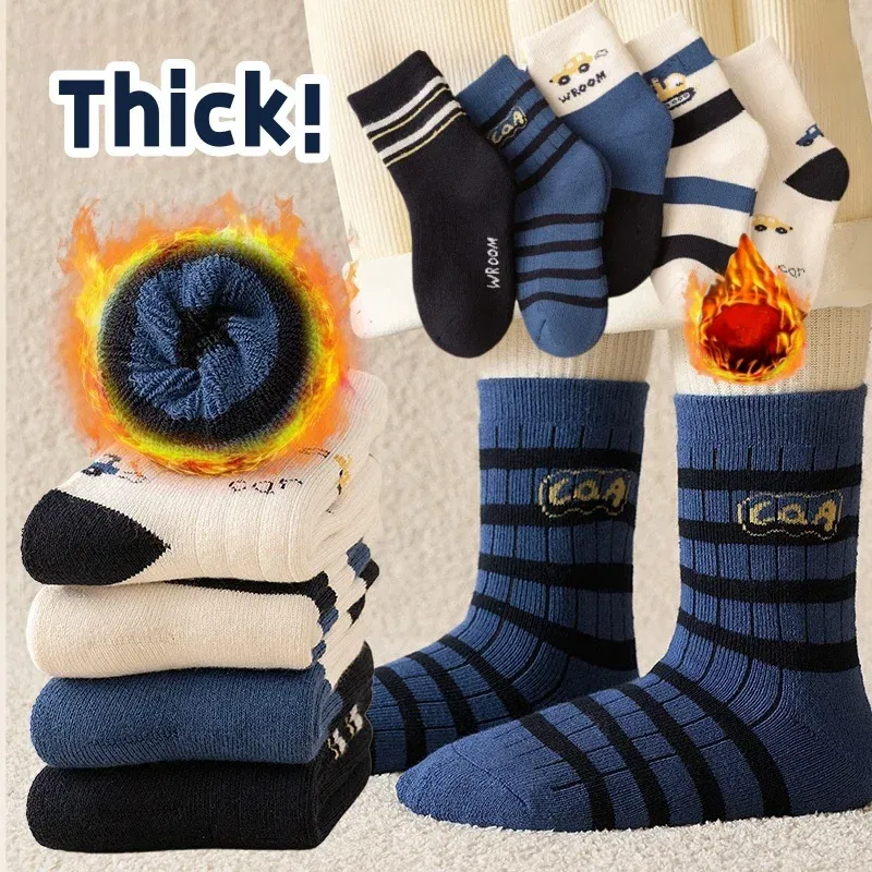 Color: Blue, Size: 4-6T - 1-14T Children Winter Warm Socks Kids Boys Thicken Cotton Socks Thermal Winter Socks Baby Cartoon Bear Pattern Terry Sock