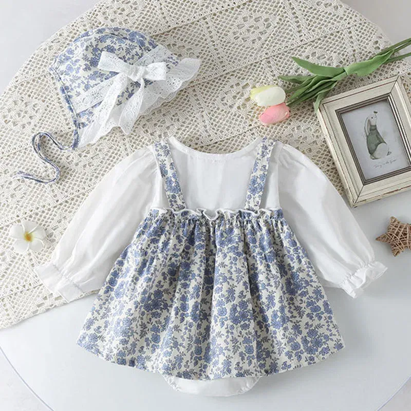 Color: black, Kid Size: 6M - Newborn Baby Girls Bodysuits+Hat Printing Stitching Cotton Long Sleeve Infant Baby Girls Jumpsuit Autumn Spring Baby Clothing