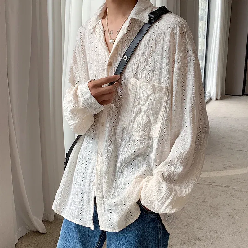 Color: Beige, Size: XL - Shirts for men Apricot Handsome Lapel Men Blouse Vacation Hollow Out Sexy Fashion Men Clothing Male Mesh Long-sleeved Shirts