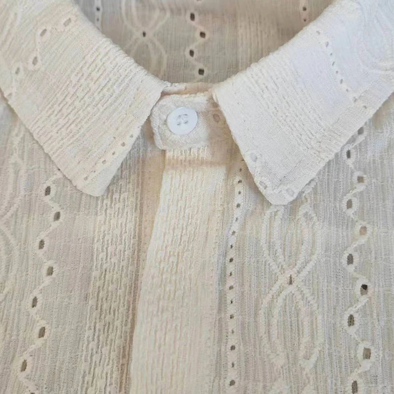 Color: Beige, Size: XL - Shirts for men Apricot Handsome Lapel Men Blouse Vacation Hollow Out Sexy Fashion Men Clothing Male Mesh Long-sleeved Shirts