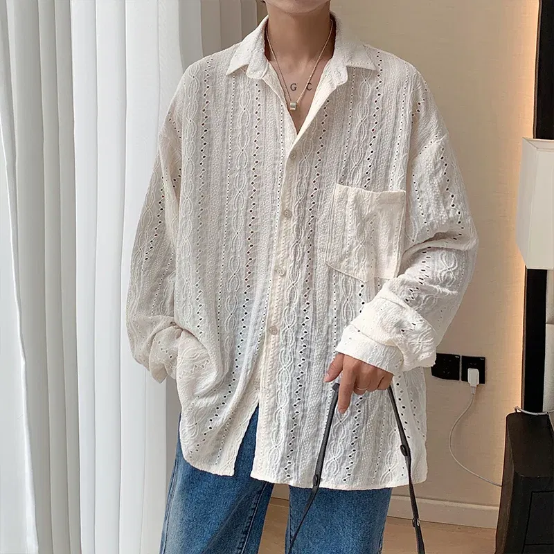 Color: Beige, Size: XL - Shirts for men Apricot Handsome Lapel Men Blouse Vacation Hollow Out Sexy Fashion Men Clothing Male Mesh Long-sleeved Shirts