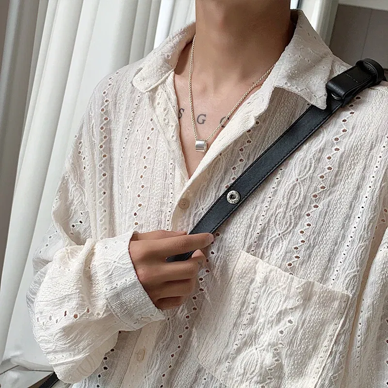 Color: Beige, Size: XL - Shirts for men Apricot Handsome Lapel Men Blouse Vacation Hollow Out Sexy Fashion Men Clothing Male Mesh Long-sleeved Shirts