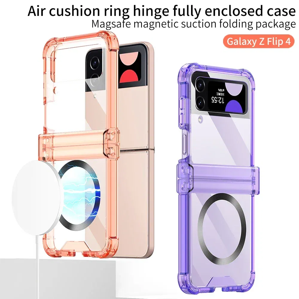 Color: Black, Material: Aluminum - Colorful Transparent Folding Hinge For Samsung Galaxy Z Flip 4 3 Magsafe Magnetic Wireless Charging Case Shockproof Hard Cover