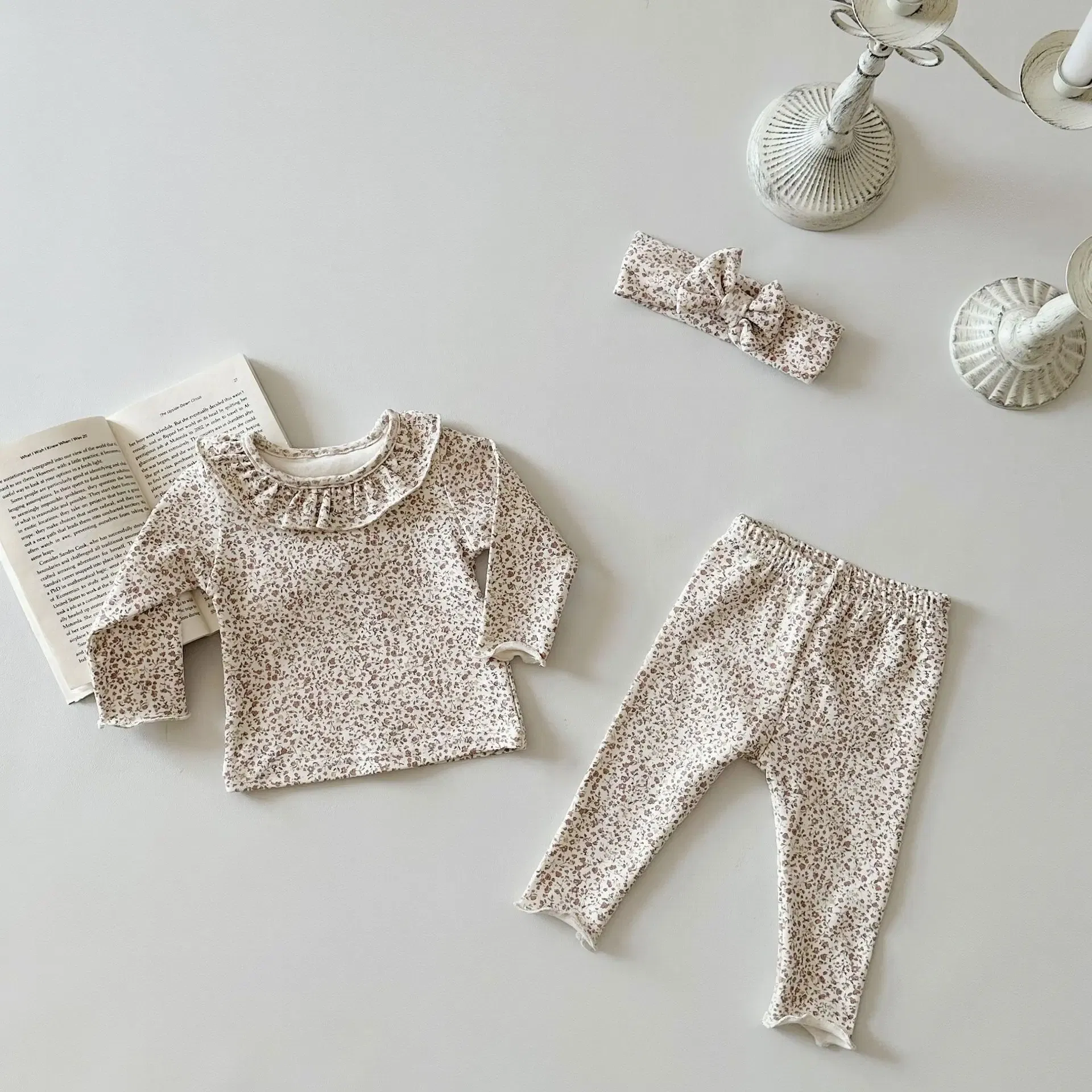 Color: Beige, Kid Size: 3M - 2025 Spring New Baby Long Sleeve Clothes Set Infant Girl Floral Tops + Leggings + Headband 3pcs Suit Cotton Toddler Outfits