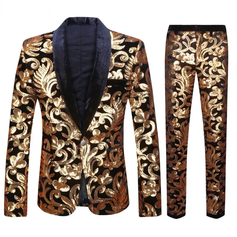 Color: Beige, Size: XXL - Euroma suit (Blazer + Trousers) Men's Gold Velvet Fashion Elegant Casual Wedding Banquet Party Sequin Costumes Two Piece Set