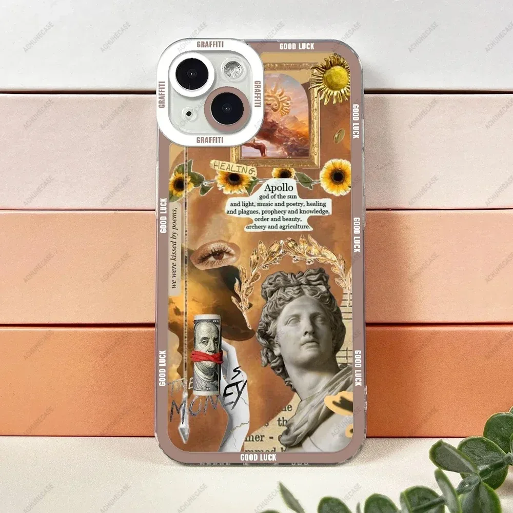 Color: Gold, Material: Microfiber - Aesthetic Statue Art Phone Case For iPhone 16 15 14 13 12 11 Pro Max XS X XR Plus Mini Luxury Transparent Soft Funda
