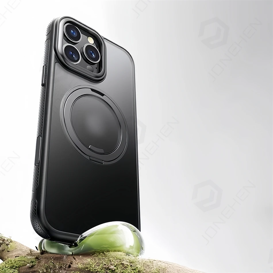 Color: Beige, Material: Nylon - 360?° Rotation Ring Stand Magnetic Case For iPhone 13 14 15 16 17 Pro Max 16E Matte Military Shockproof Armor Cover For Magsafe
