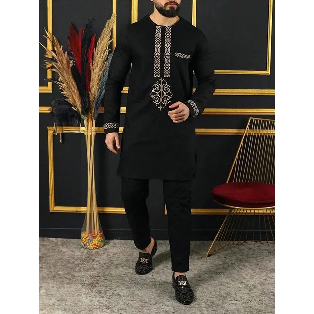 Color: Red, Size: 4XL - 2024 New African Traditional Men's Set Elegant and Fashionable Men's Suit Casual Embroidery Two Piece Set Men's Suit Kaftan