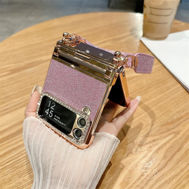Color: Beige, Material: CANVAS - For Samsung Galaxy Z Flip 6 5 4 3 Case 3D Jewelled Diamond Luxury Gradient Bling Glitter Wrist Strap Holder Tote Bags Cover